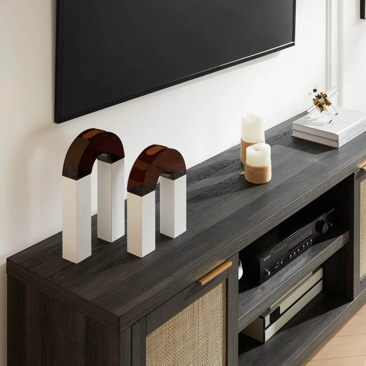 OAKHAM Rattan Tv Stands for 65 Inch Tv, Modern Farmhouse Entertainment Center, TV Console Table with Storage, Wood Media Console with Cabinet, Special Walnut