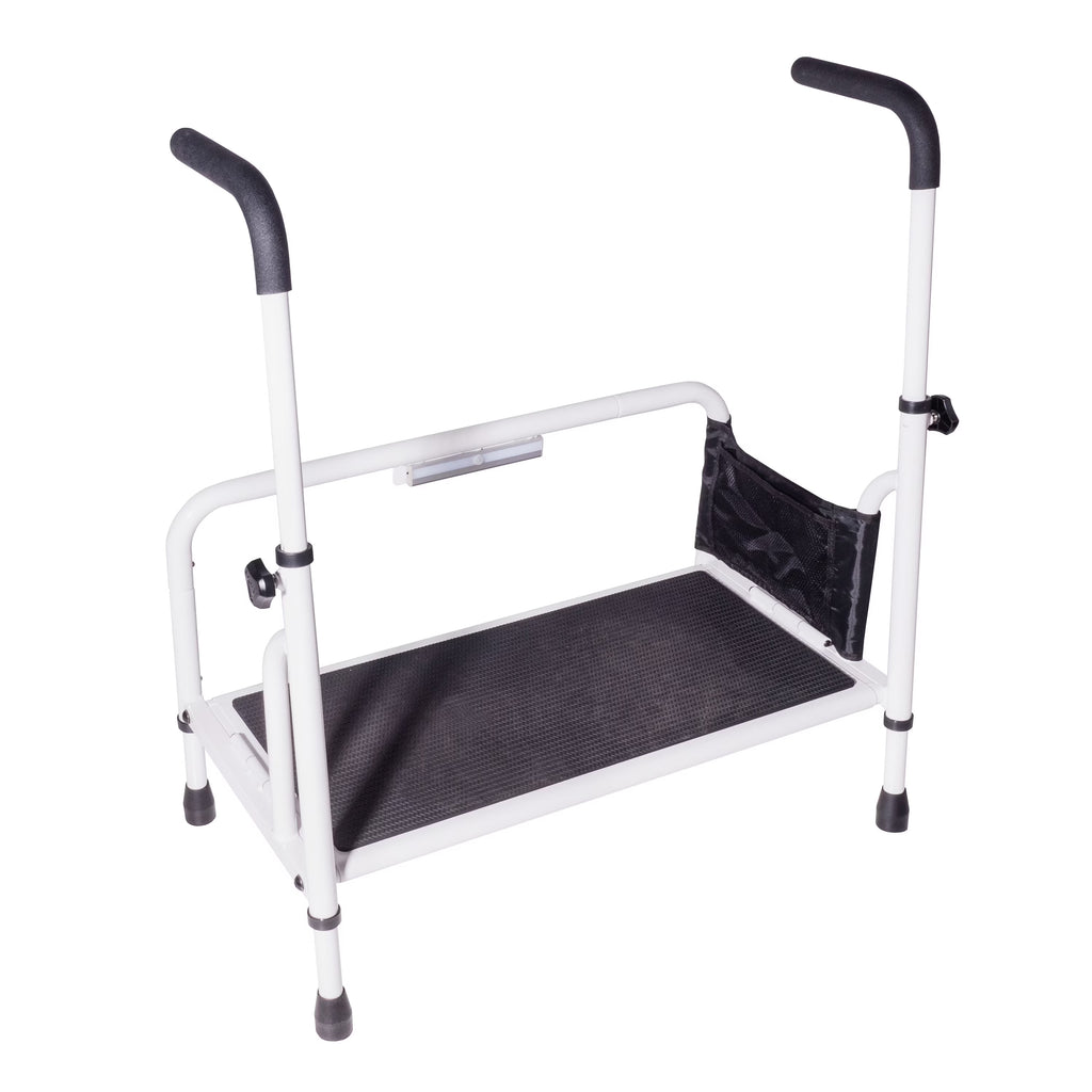 Stander Step Stool, Bed Step with Adjustable Hand Rails for Seniors and Elderly Adults, Extra Wide Heavy Duty Step Ladder, Stepping Stool with Grab Bars and Motion Activated Light, White