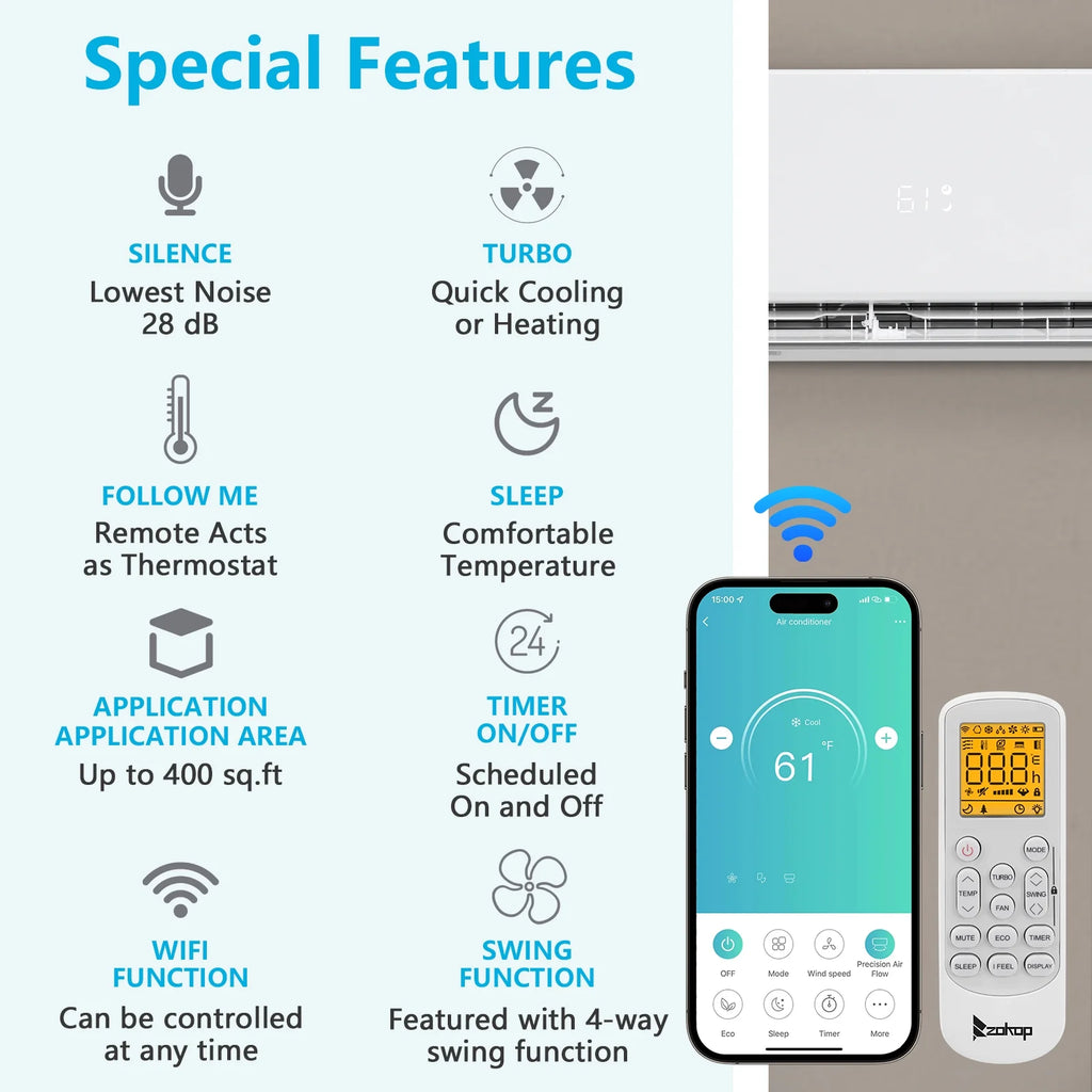 Ktaxon 2 Zone 9000 + 9000 BTU WIFI Mini Split AC/Heating System, 19 SEER2 Dual Zone 18000 BTU Ductless Split Air Conditioner with Pre-Charged Condenser, Heat Pump & 25Ft Installation Kit, 208-230V