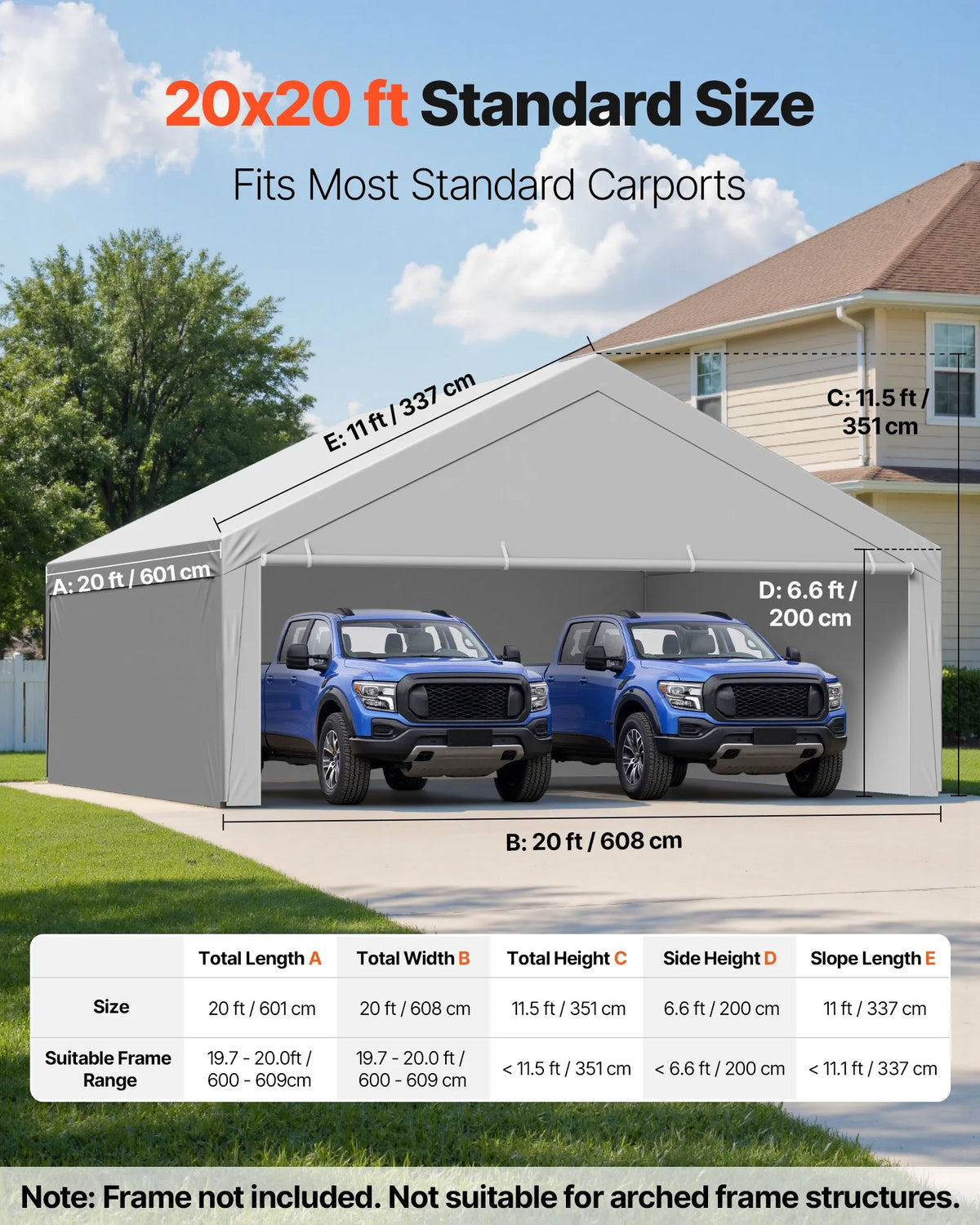 VEVOR Carport Replacement Canopy, 20 x 20 ft Potable Garage Tent Top Tarp with Sidewalls, UV-Resistant & Waterproof, Heavy Duty Car Shelter Tarp with Ball Buggees, Grey, Frame Not Included