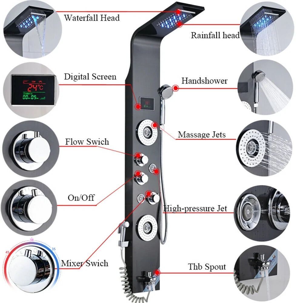 Shower Panel Tower System LED Rain&Waterfall Massage Jet Sprayer Stainless Steel
