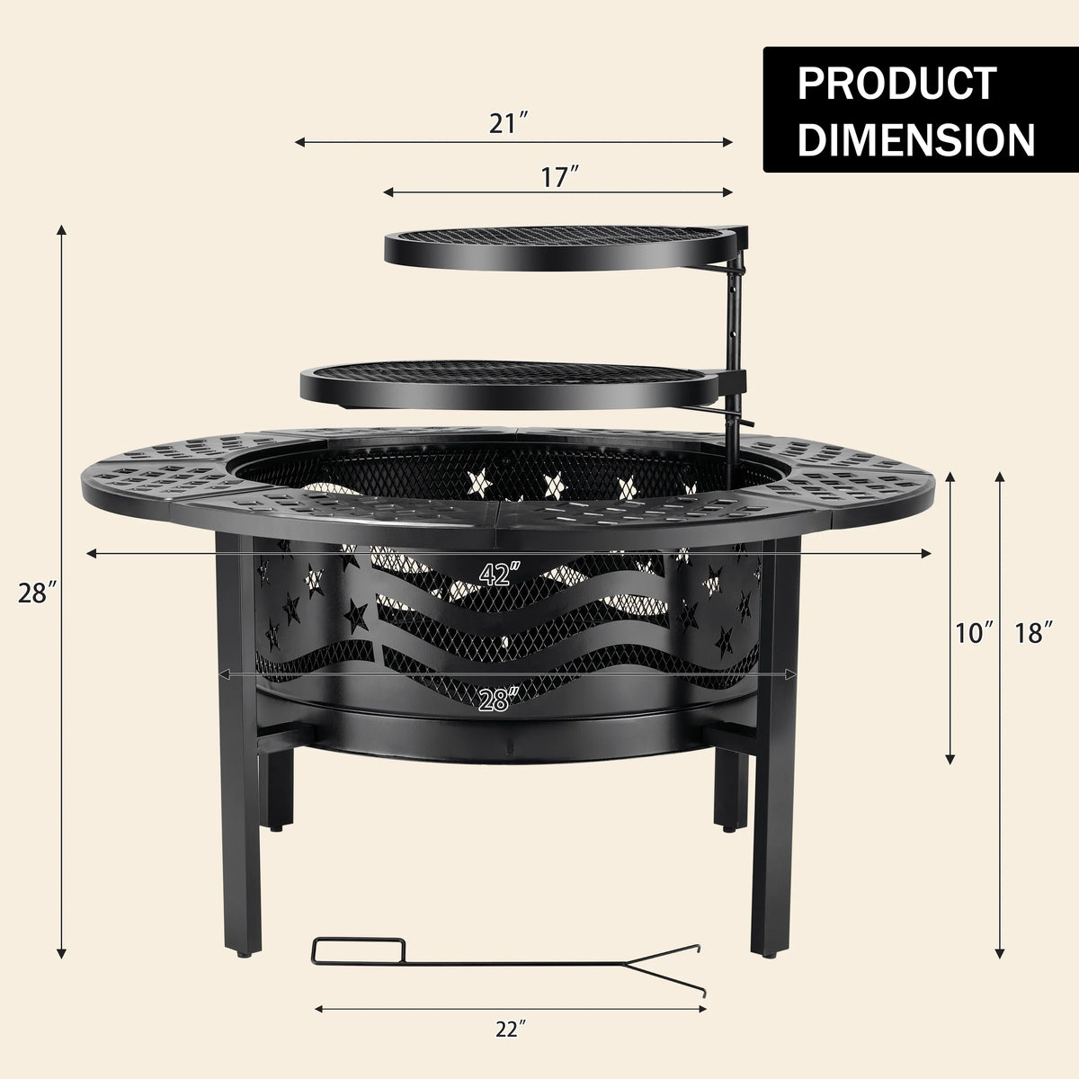 TrumanPick Fire Pit for Outside 42" Wood Burning Fire Pit Tables with 2 Adjustable Swivel BBQ Grills, Lid, Poker for Patio Backyard BBQ Ice Storage