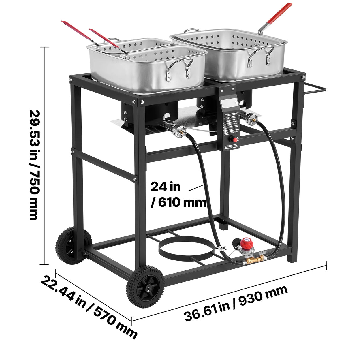 KFFKFF Outdoor Propane Deep Fryer, Dual-Tank 18QT x 2 Commercial Fryer, Portable Frying Cart with Wheels, 3 Baskets, 2 Thermometers, Stainless Steel Cooker for Fish, Wings, and Fries, 40,000 BTU