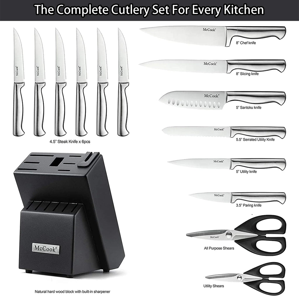 McCook MC29 Knife Sets, 15 Pieces German Stainless Steel Kitchen Knife Block Sets with Built-in Sharpener