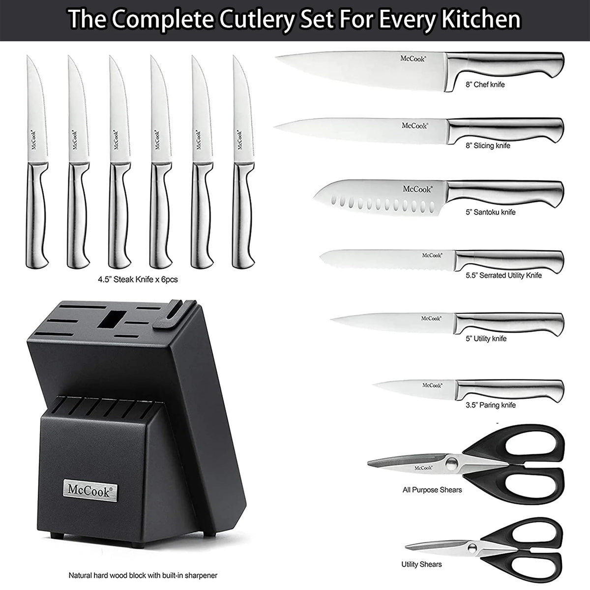 McCook MC29 Knife Sets, 15 Pieces German Stainless Steel Kitchen Knife Block Sets with Built-in Sharpener