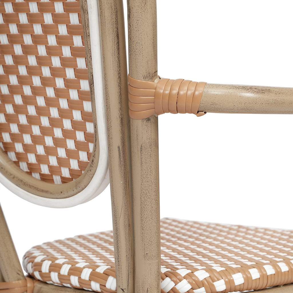 Merrick Lane Stacking Thonet French Bistro Style Chair with Arms, Black & White PE Rattan Seat, and Bamboo Finished Metal Frame for Indoor/Outdoor Use