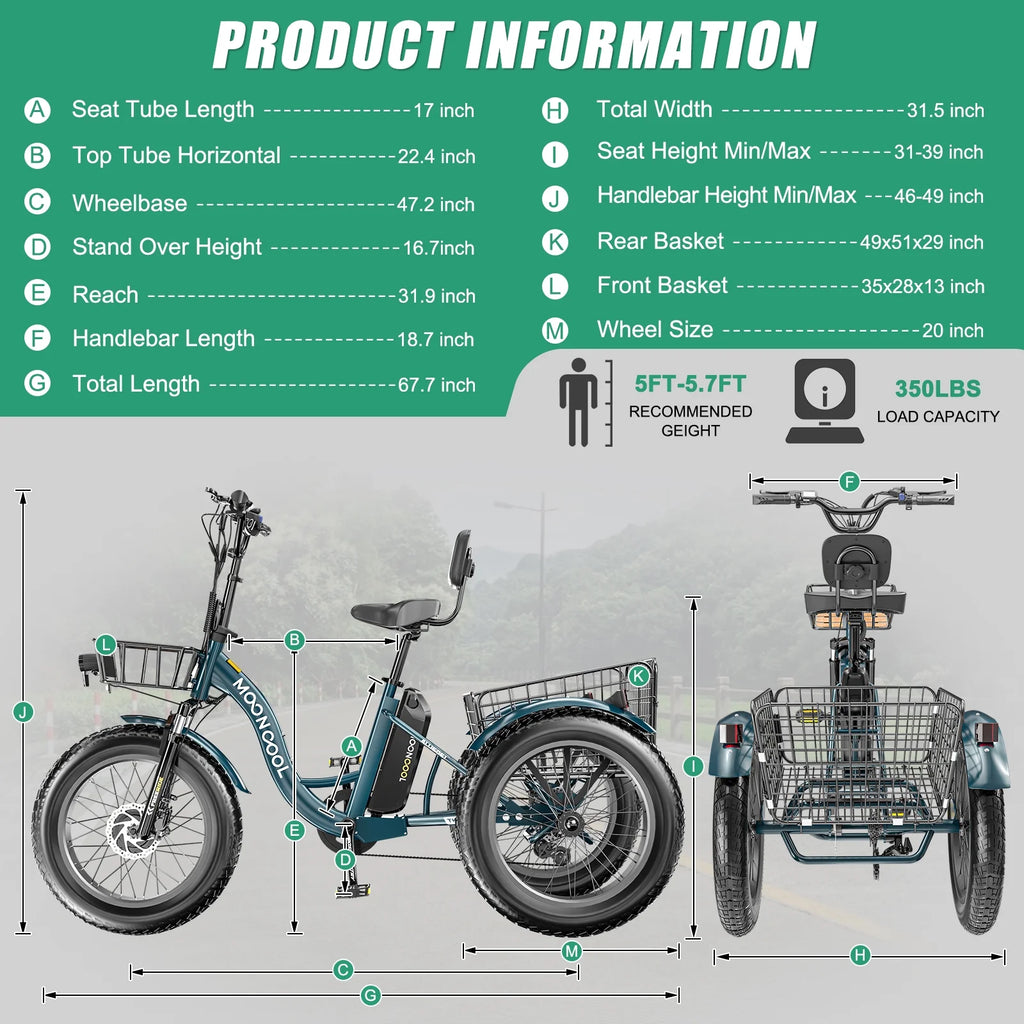 20" x 4" Fat Tire Electric Tricycle for Adult, 7 Speeds Electric Trike 48V 500W Motorized Tricycle , Electric Three Wheels Bicycle for Senior, Aluminum Frame & Rear Basket ,16mph