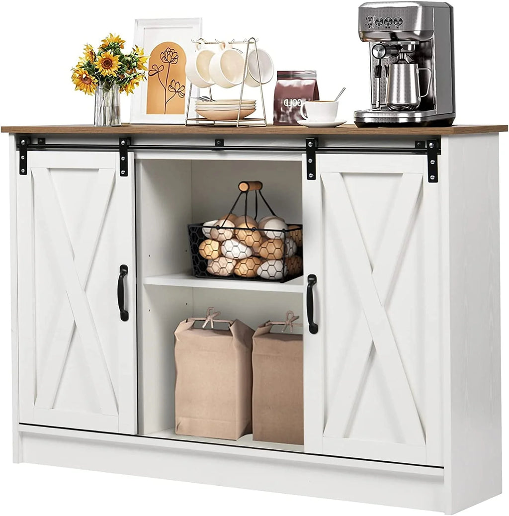 Catrimown Farmhouse Coffee Bar Cabinet , 42”  Buffet Sideboard Cabinet with Sliding Door, Sideboard Storage Cabinet, White