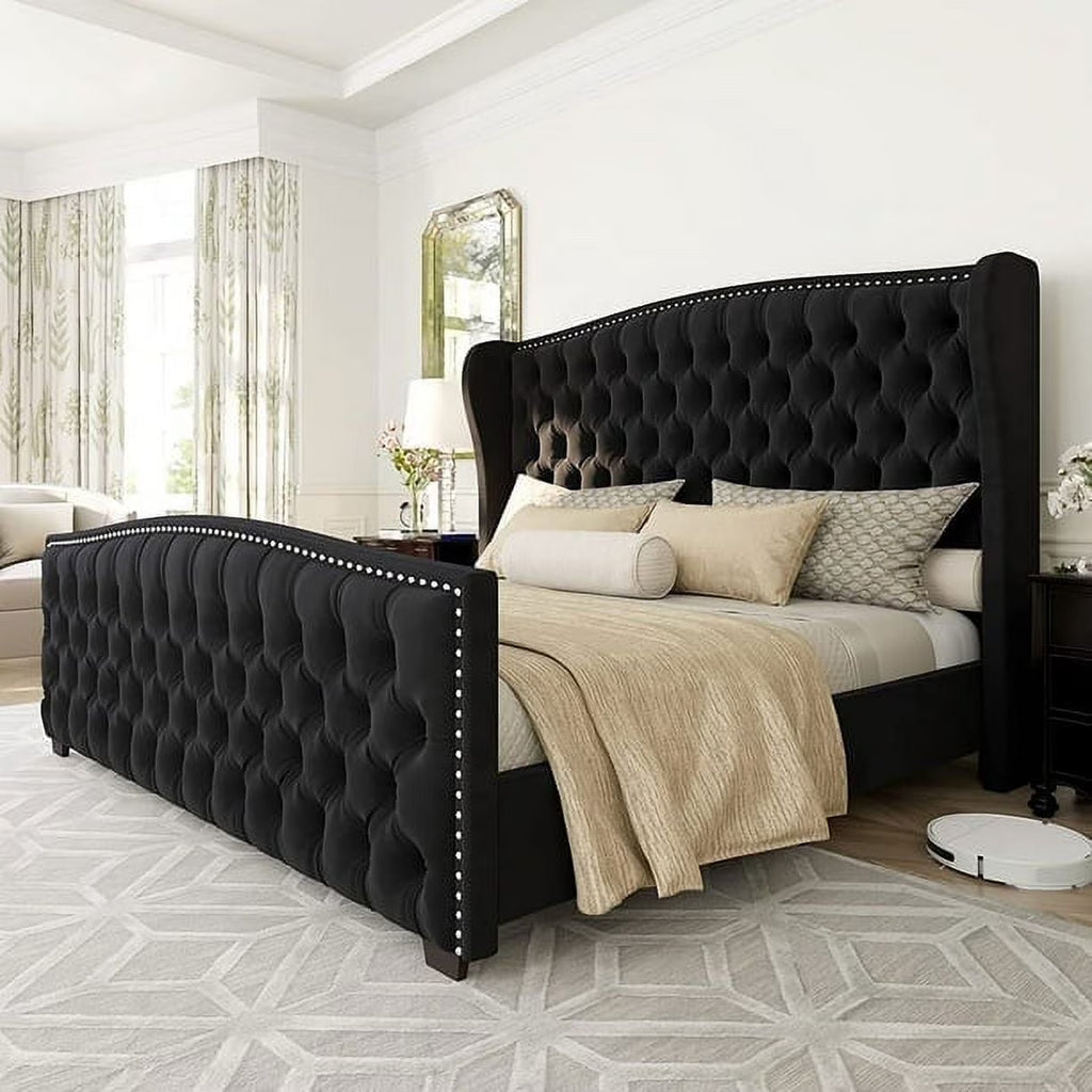 VANACC Queen Size Bed Frame, Velvet Upholstered Bed with Deep Button Tufted Wingback Headboard��Grey