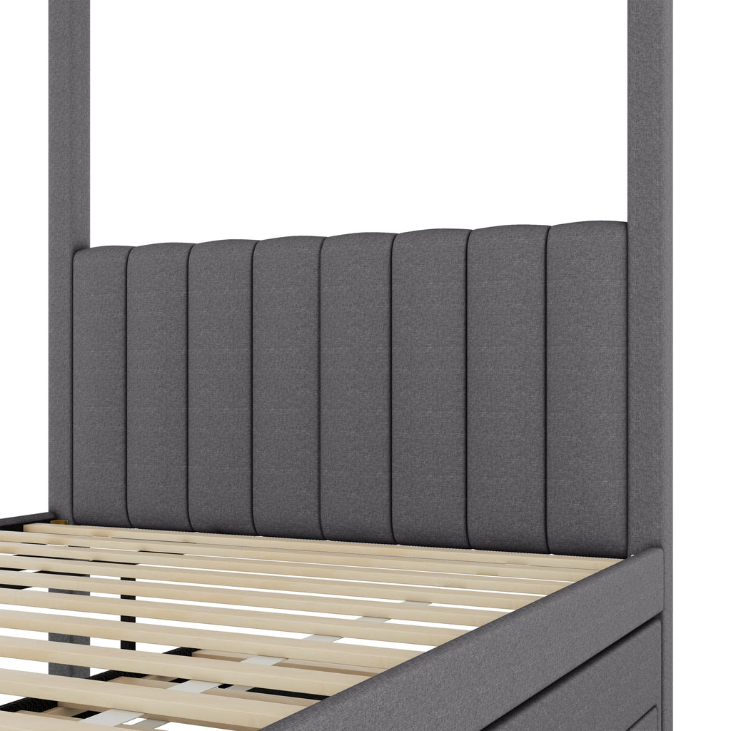 EUROCO Upholstered Full Size Canopy Bed Frame with Trundle Bed and 3 Drawers, Platform Bed with Headboard for Kids Teens Adults, Beige