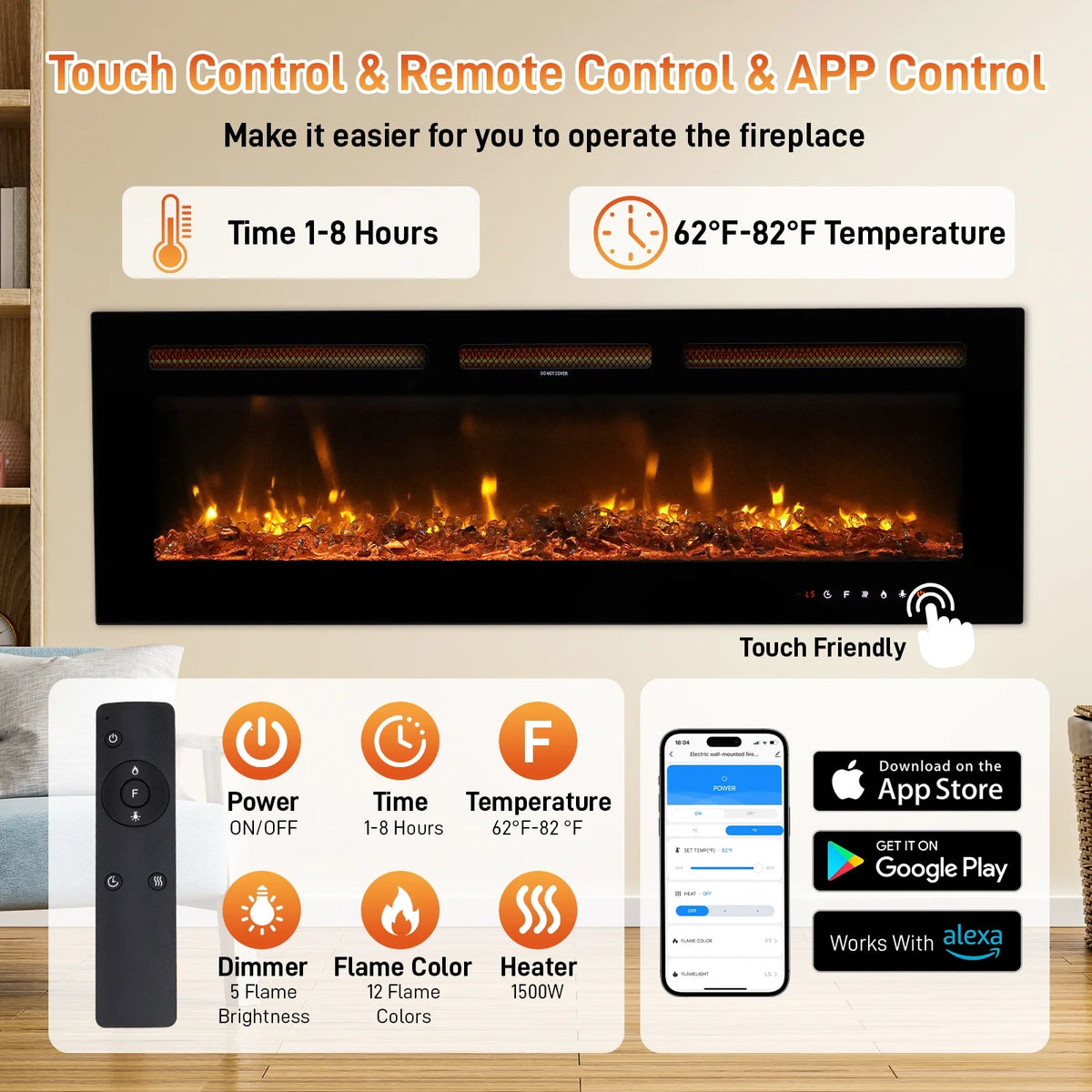 Ktaxon 30" Electric Fireplace, Freestanding/Inserts/Wall Mounted Fireplace Heater with Remote Control, 12 Adjustable Flame Colors, Log & Crystal, 8H Timer for Living Room, Bedroom