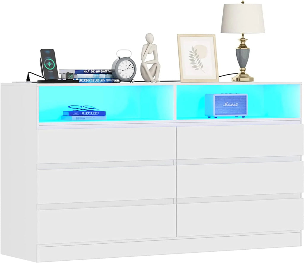 Gyfimoie 6 Drawer Double Dresser with Power Outlet, Accent Chests of Drawers with LED Light