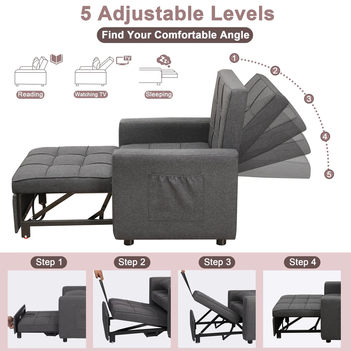 Tolead 3-in-1 Convertible Sofa Bed Sleeper Chair with Adjustable Backrest, Gray