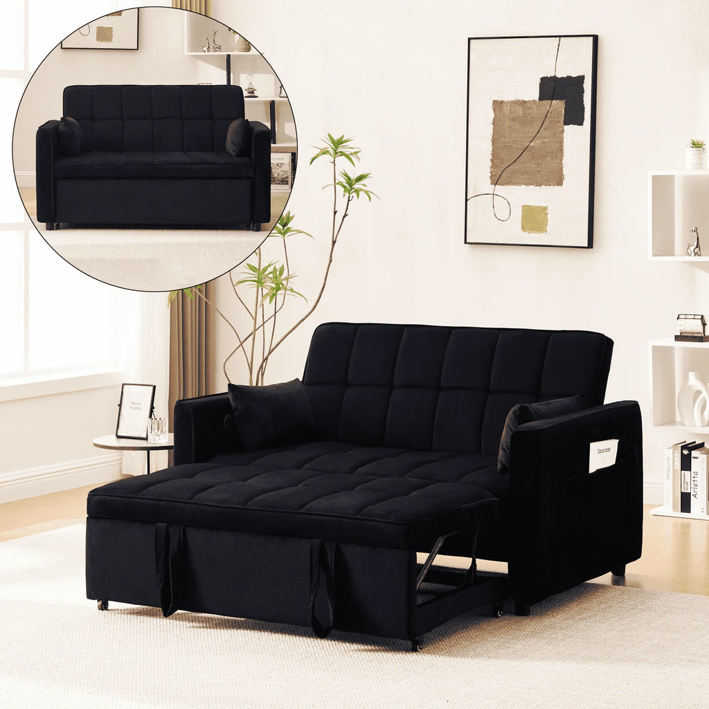 BINBANK Black Velvet 3-in-1 Convertible Sleeper Sofa Bed a?? USB Charging, Adjustable Backrest Pull-Out Futon Loveseat Couch for Living Room, Apartment & Small Space