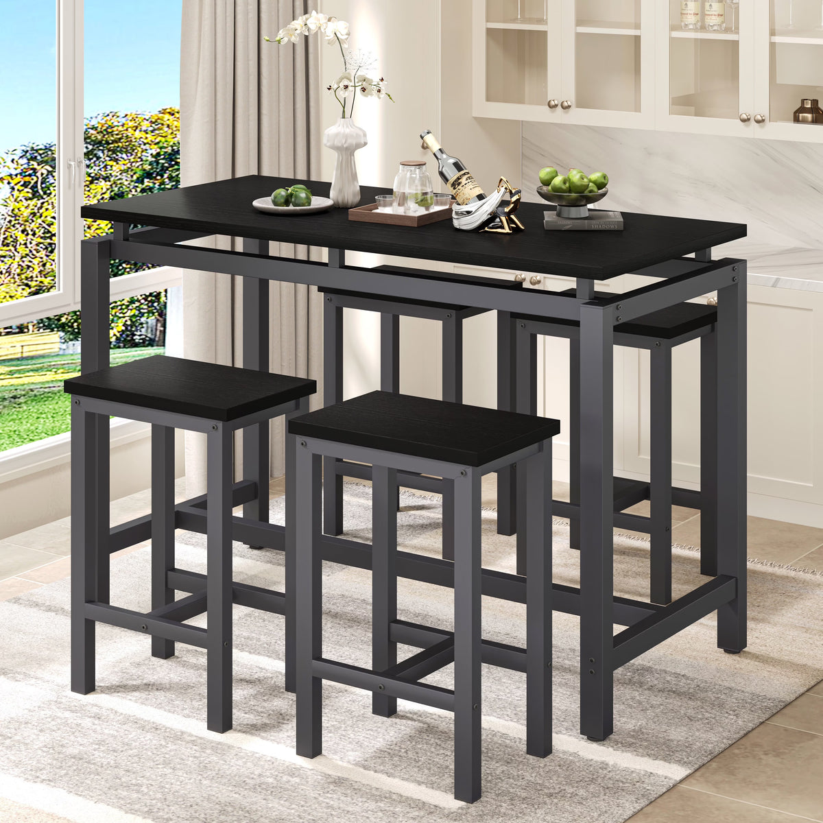 Counter Height Table Set of 5, Breakfast Bar Table and Stool Set, Minimalist Dining Table with Backless Stools, Wood Top Pub Table & Chair Set for Kitchen Apartment Bistro - Space Saving