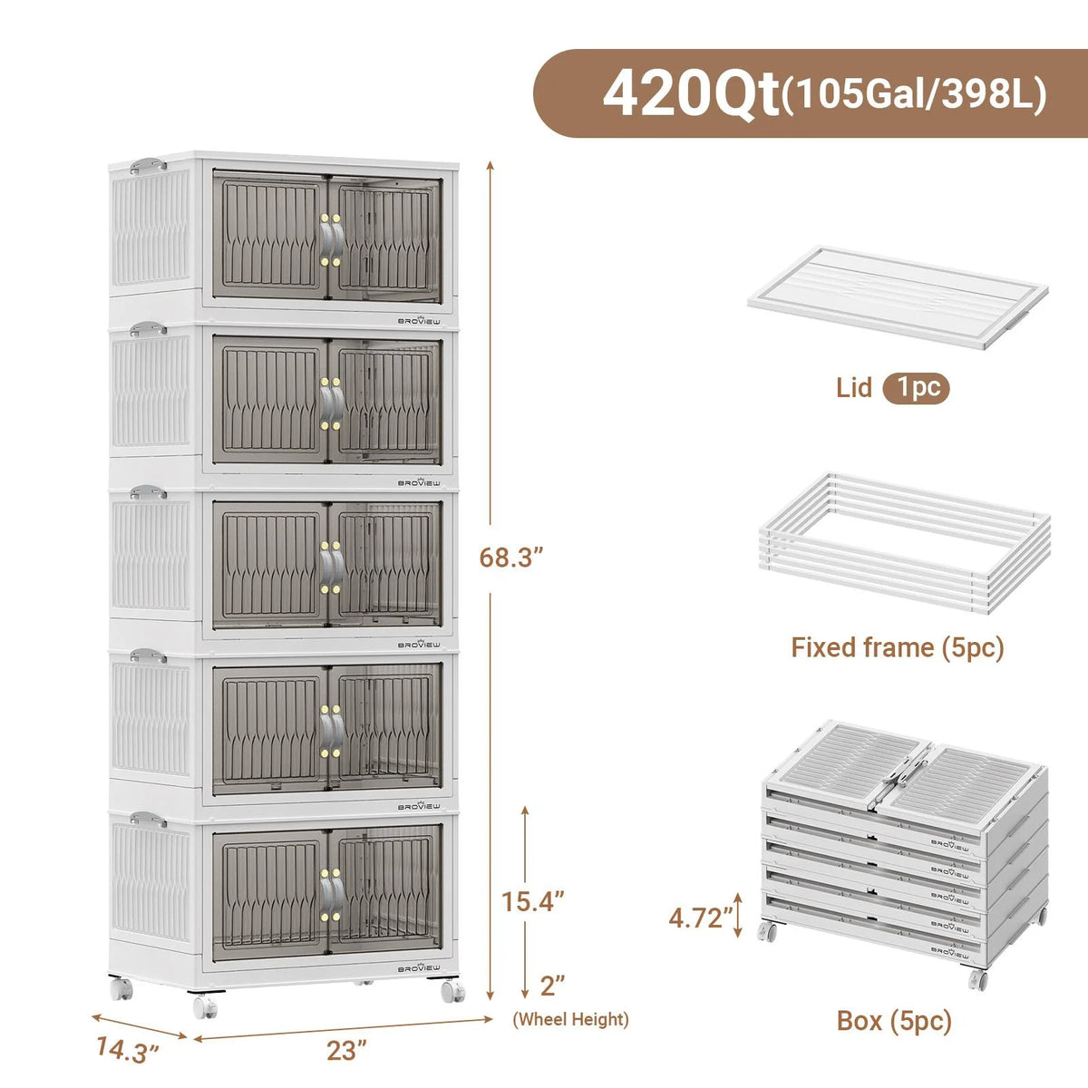 BROVIEW 100Gal Large Storage Bins with Lid, 400Qt Plastic Stackable Closet Organizer and Storage, Collapsible Storage Box with Wheels, Folding Storage Cabinet Containers for Home Office, 5Pack White