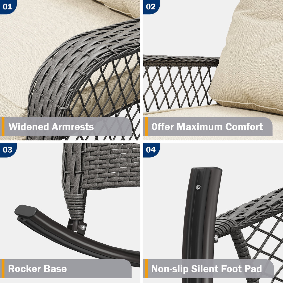 ELPOSUN 3-Piece Outdoor Rocking Chairs, Wicker Patio Furniture with Thickened Cushions and Table for Porch