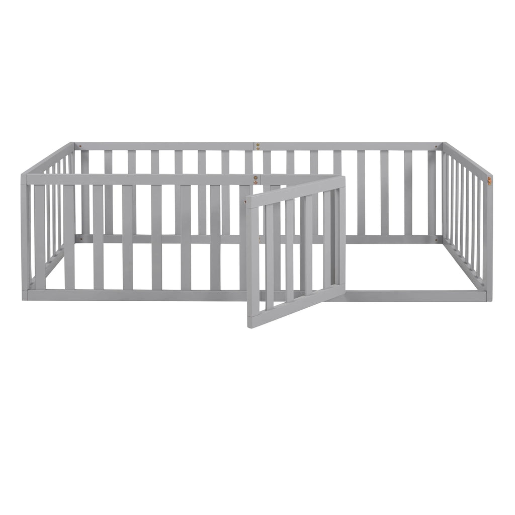 Wood Floor Bed with Fence and Door for Kids, Twin, Gray