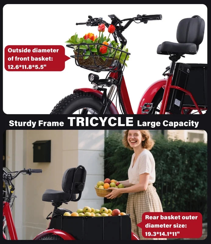 YEBEI Electric Tricycle for Adults Folding E-Trike Motorized Tricycle Electric 3 Wheels Trike Powerful 500W Motor Electric Tricycle 48V15AH Lithium Battery Max 20MPH 20*4.0” Fat Tire Orange