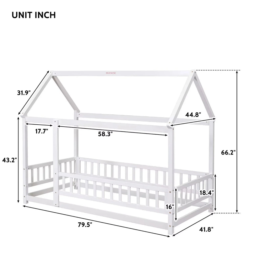 Twin Size House Bed for Boys and Girl, Wooden Canopy Bed Tent Bed, Playhouse Design Bed Frame with Full-lenth Guardrail, Bedroom Furniture, 79.5��L x 44.8��W x 66.2��H, White