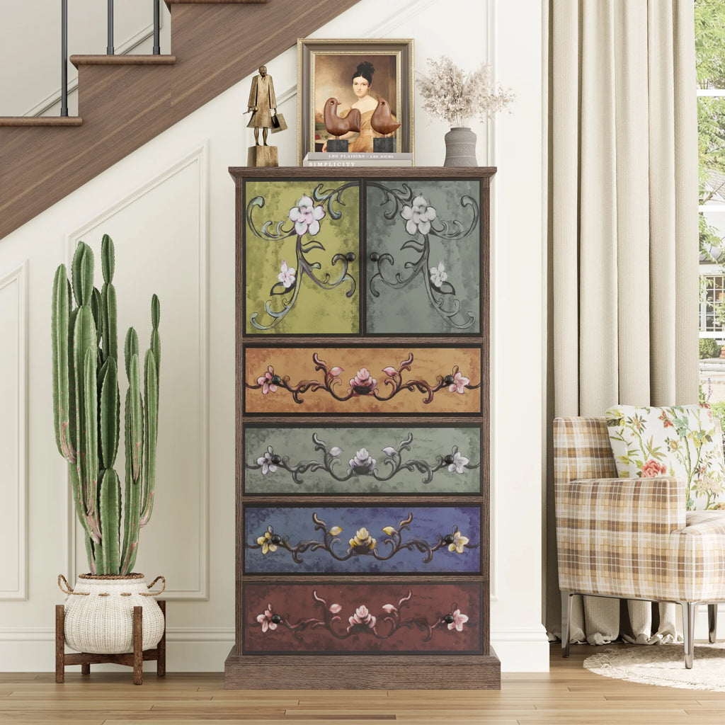 Homfa 50�� Tall Dresser with 4 Drawers, Boho Vintage Dresser with 2 Doors, Wood Drawers Chest for Bedroom Living Room Entryway