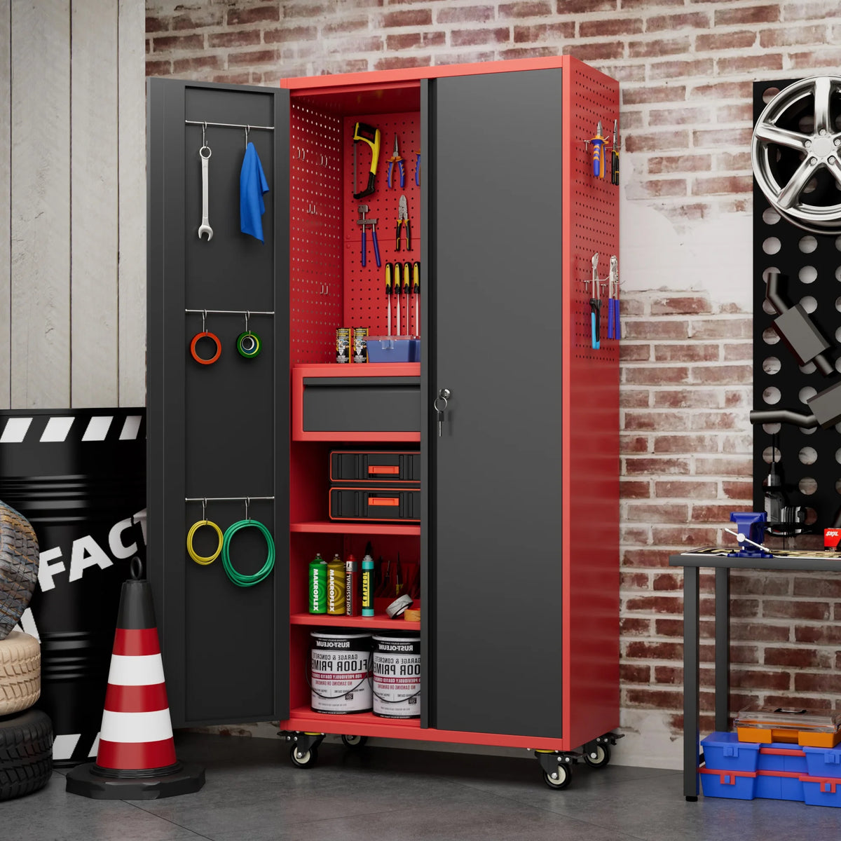 Aobabo Metal Storage Cabinet with Lock,Garage Storage Cabinet with Wheels,72In Steel Storage Cabinet for Garage Home Storage, Black Required-Assembly