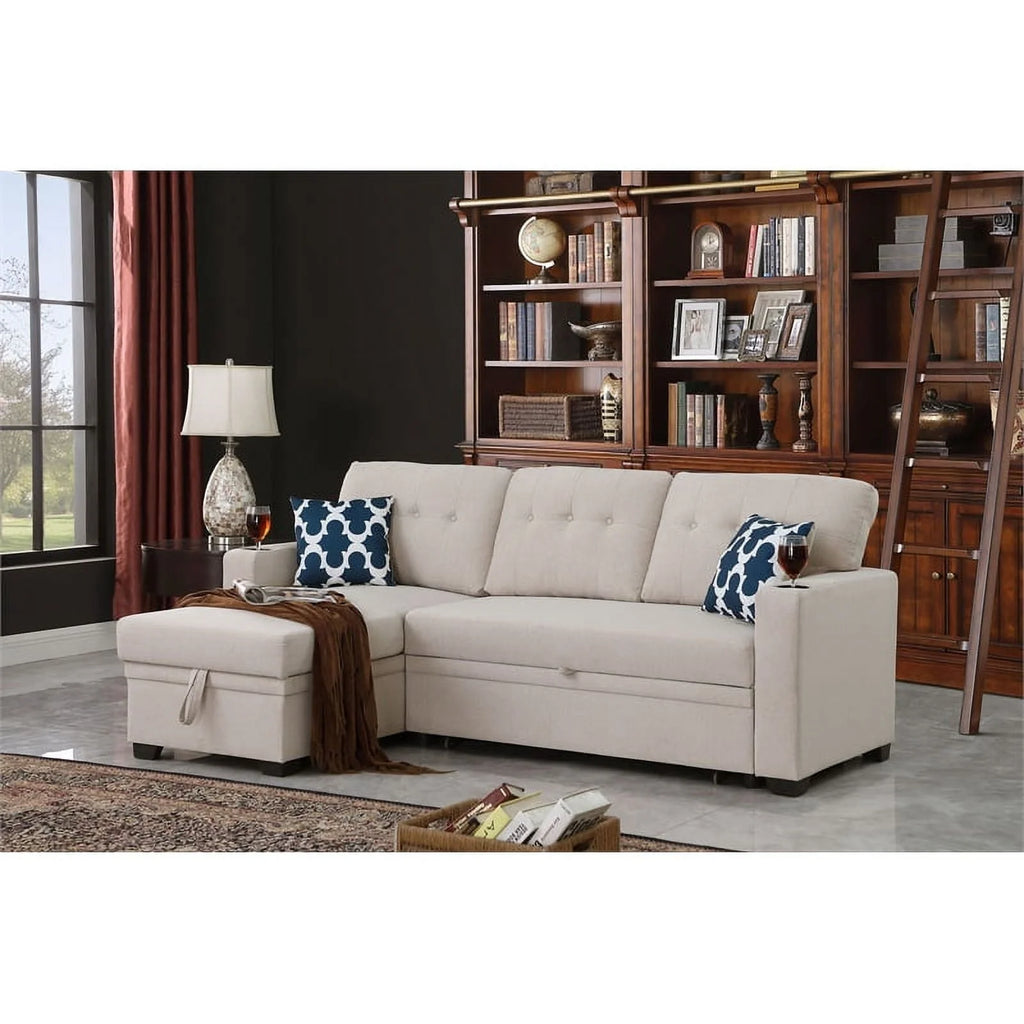 Reversible Fabric Sleeper Sofa Bed & Chaise with Cup Holder-Beige