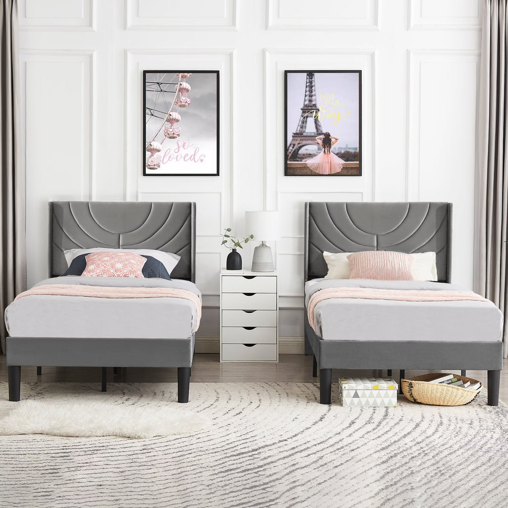 VECELO Set of 2 Twin Bed Frames, Modern Upholstered Platform Bed Frame with Tufted Headboard, No Box Spring Needed, Dark Green