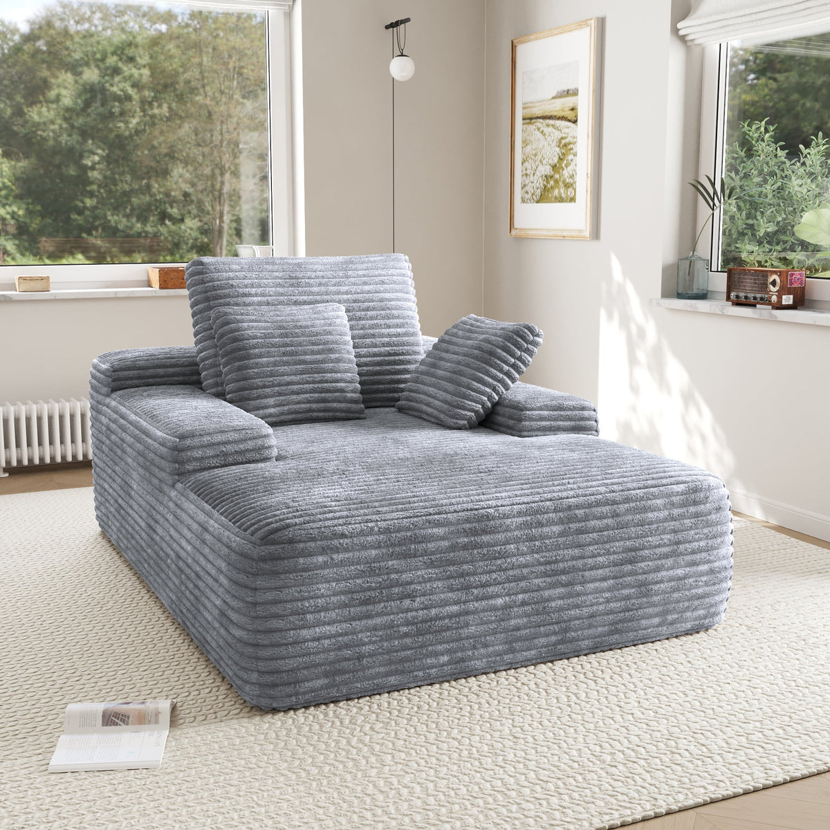 Sodrens Oversized Chaise Lounge Chair Indoor,Upholstered Sofa Bed with Throw Pillows and Armrests,Sleeper Chair for Living Room,Bedroom,Brown,Corduroy