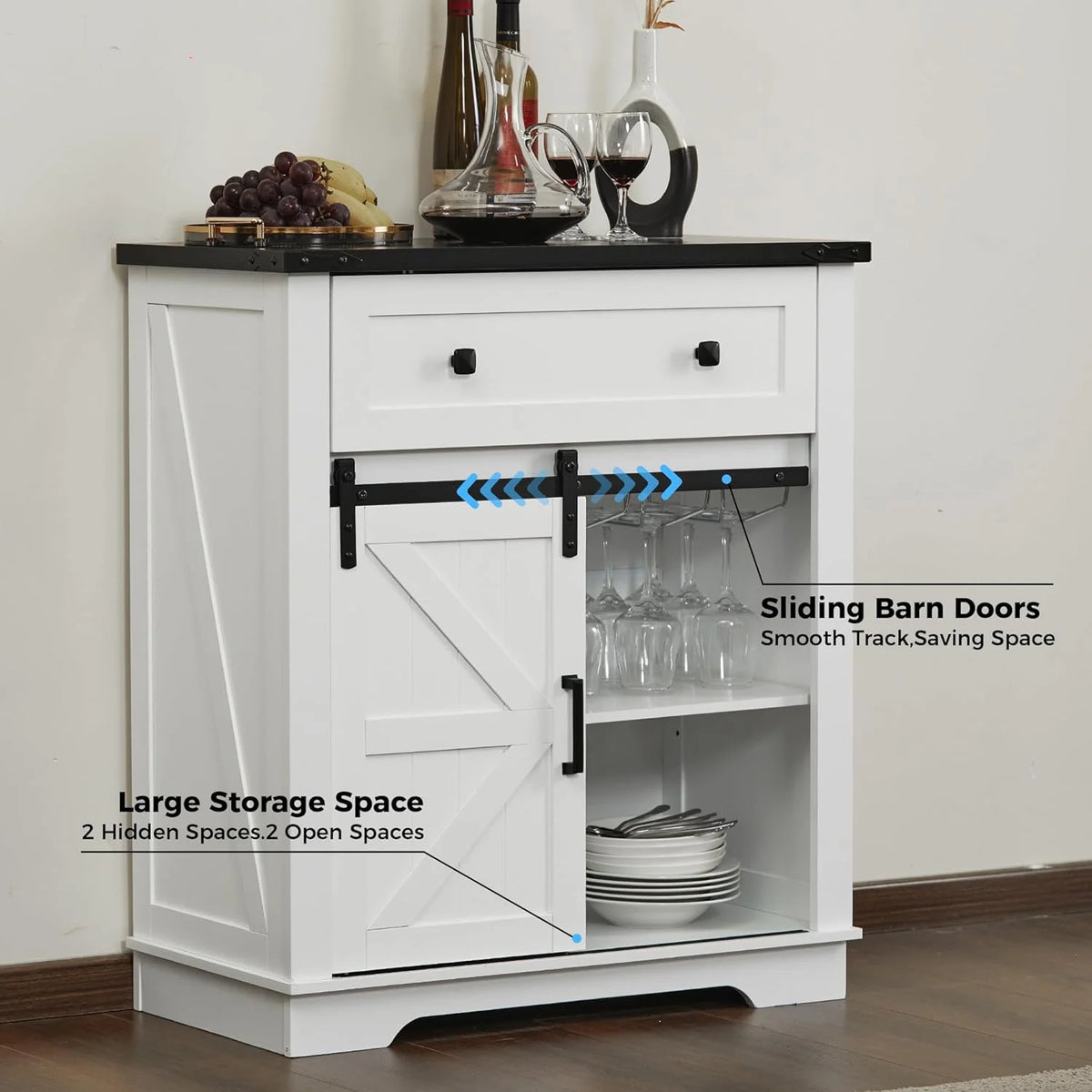 JINSEED Bar Cabinet with Drawer, Wine Bar Buffet Sideboard with Adjustable Storage, White