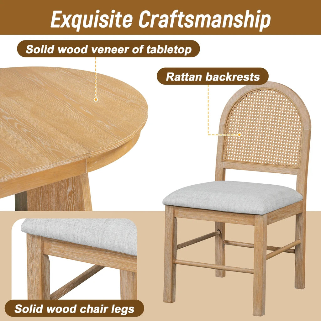 5-Piece Extendable Dining Table Set for 4 People, Solid Wood Kitchen Table Set with 4 Upholstered Chairs and Rattan Backrests for Dining Room and Kitchen, Natural