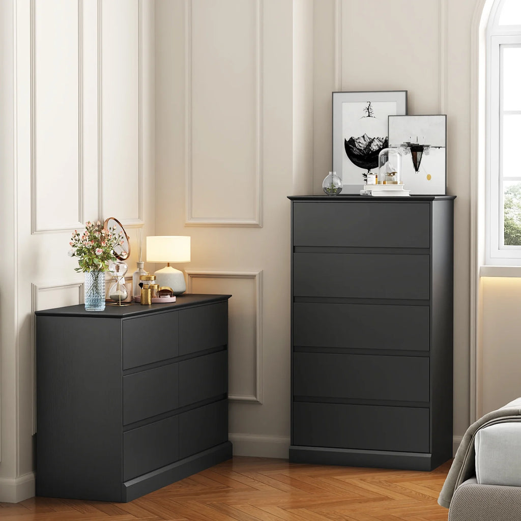 2 PCS  Dresser for Bedroom, 5 Drawer Dresser Black Chest of Drawers for Living Room Dressing Room Entryway -2PCS