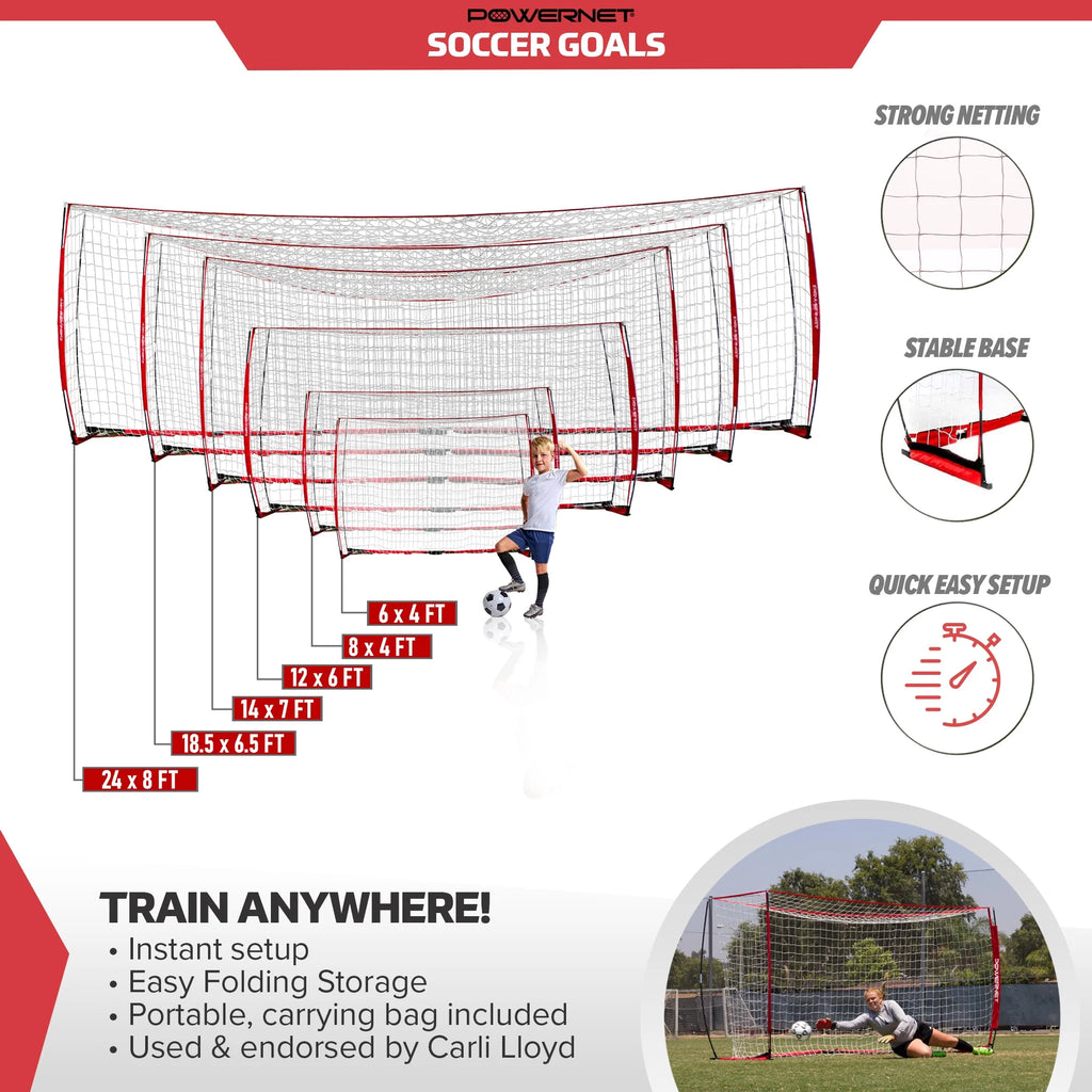 PowerNet 8x4 Ft Soccer Goal Portable Bow Style Net and Large Ball Carry Bag Bundle | Quick Setup Ultra Portable | Full Size Framed Soccer Goal | Perfect for Teams and Coaches