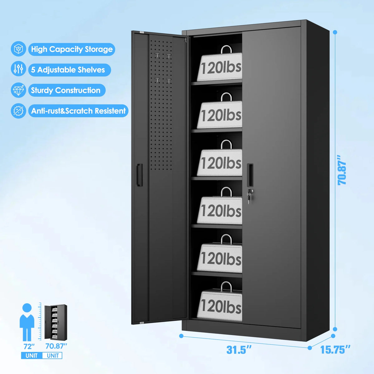 Supeer Locking Storage Cabinet with 5 Adjustable Shelves, Steel, Black, 71" H, Assemble Required
