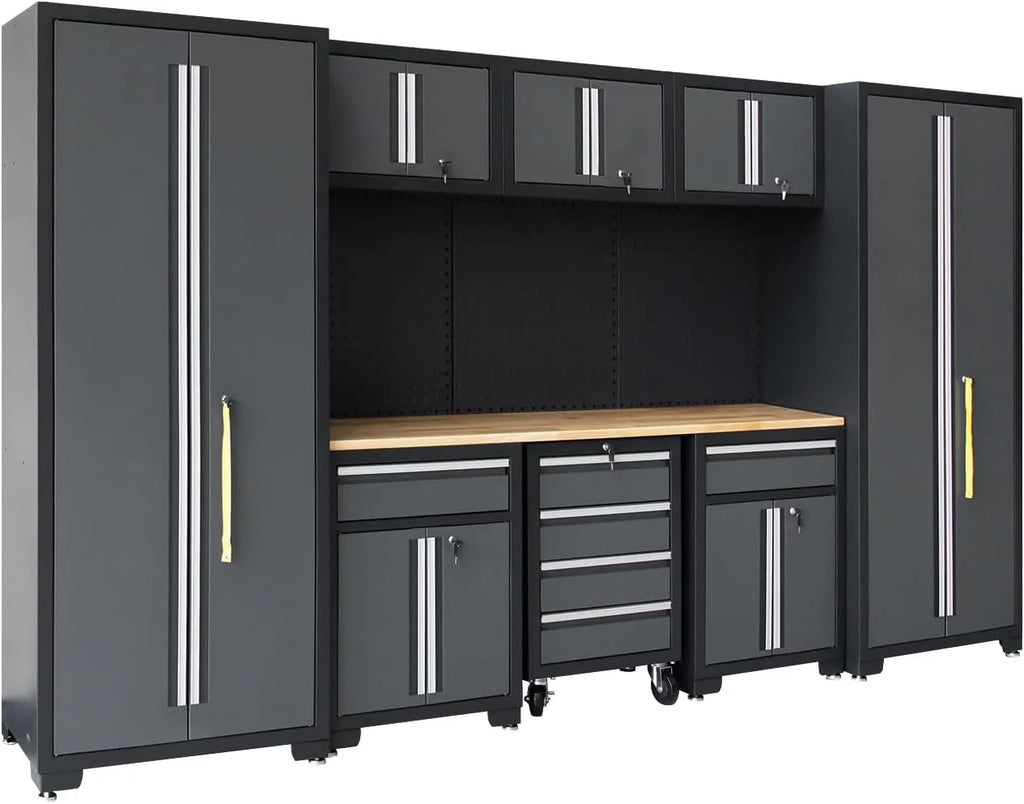 HPDMC Garage Storage Cabinet System 9-Pcs Workshop Set Metal Garage Cabinets and Storage System with Steel Cabinet Drawers, Rolling Chest, Workbench, Pegboard for Garage Tool Organization