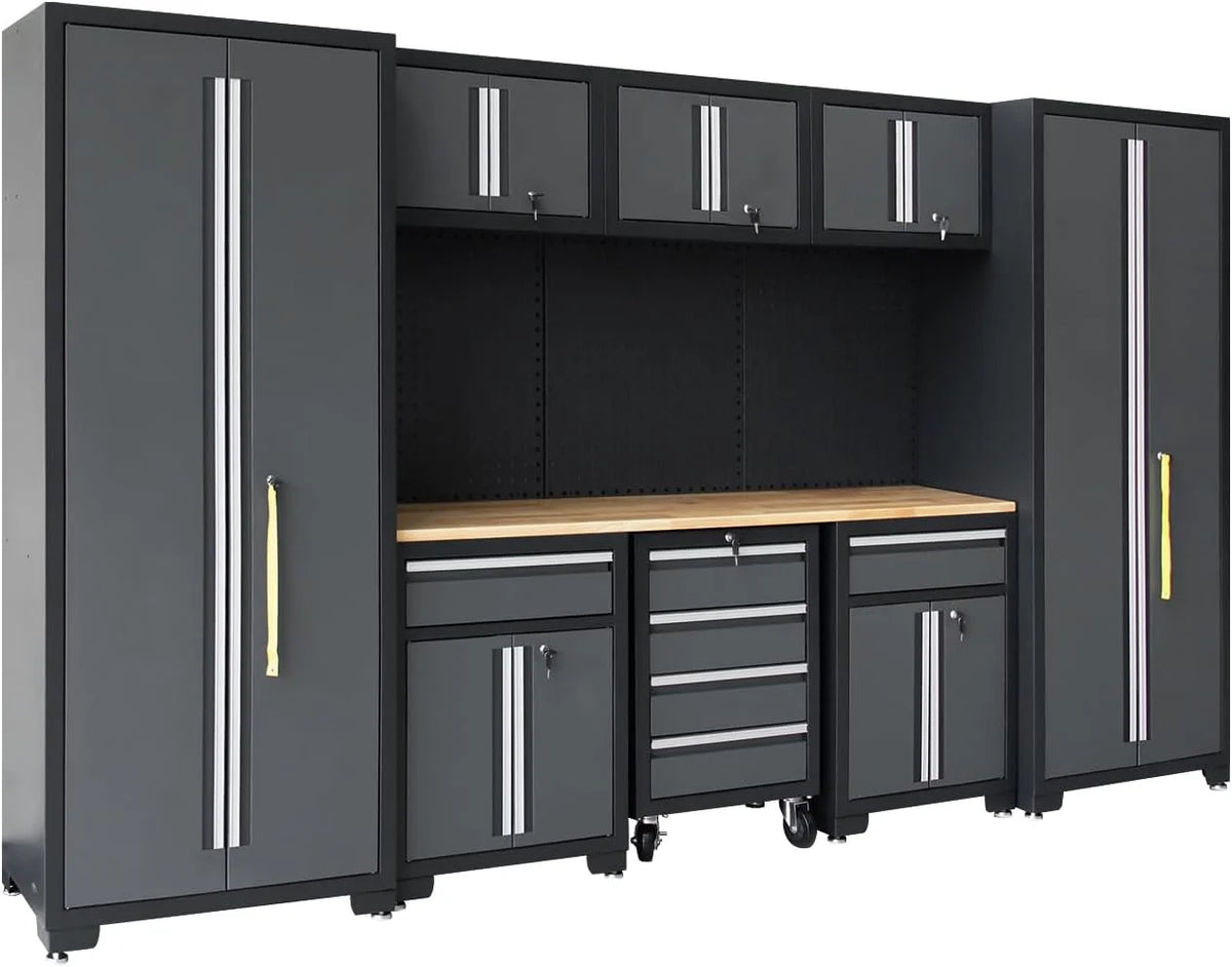 HPDMC Garage Storage Cabinet System 9-Pcs Workshop Set Metal Garage Cabinets and Storage System with Steel Cabinet Drawers, Rolling Chest, Workbench, Pegboard for Garage Tool Organization