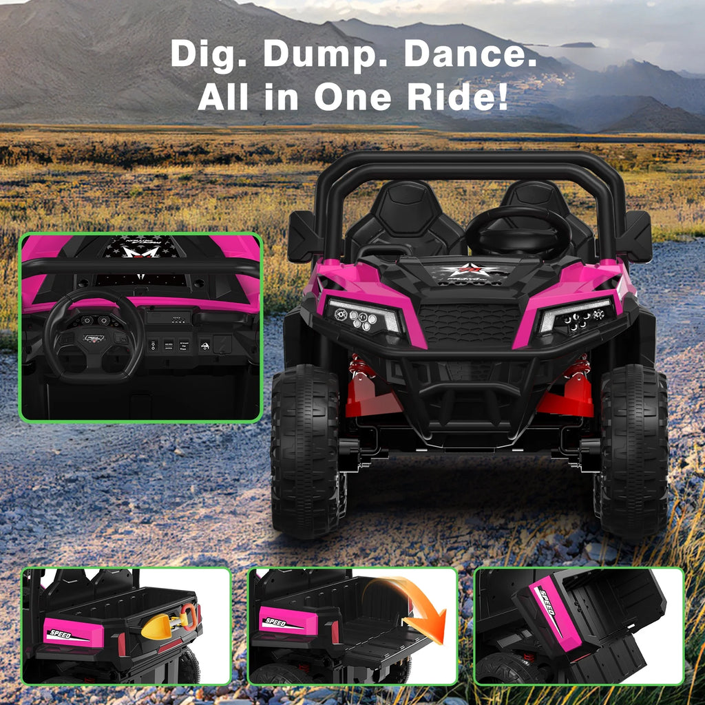 Mega Motion 24V Kids Electric Ride-On UTV Truck with 4WD, Dump Bed, 2 Seats, LED Lights, Music, Remote Control, Shovel, for Boys & Girls