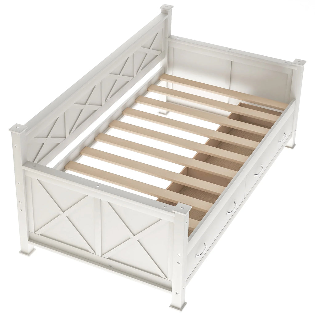 Euroco Twin Size Dayed with 2 Storage Drawers for Bedroom Low Profile Platform Bed, White