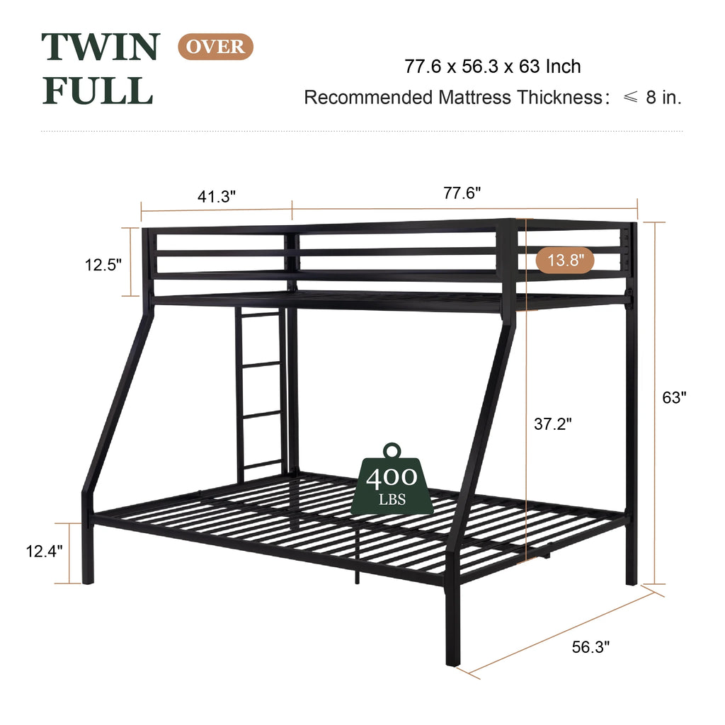 Amolife Twin over Full Size Metal Bunk Bed with Removable Ladder, Full-Length Guardrail, Black