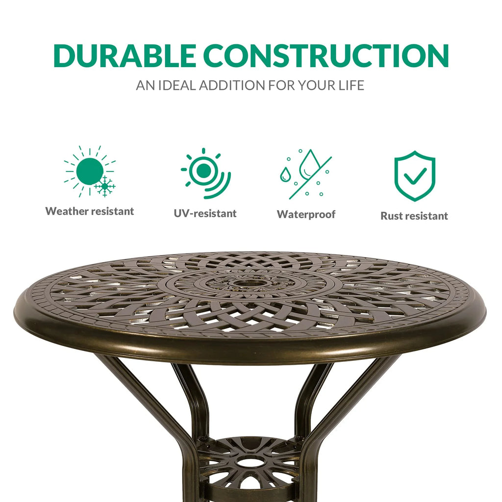 VIVIJASON 30.8" Round Cast Aluminum Patio Bar Table with Umbrella Hole, Antique Bronze