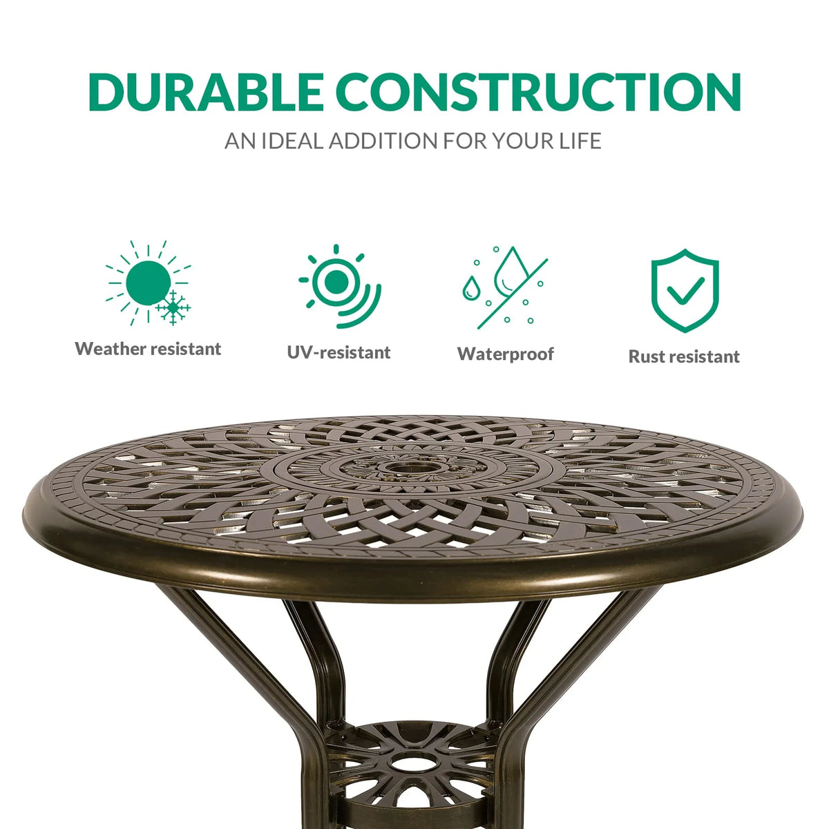 VIVIJASON 30.8" Round Cast Aluminum Patio Bar Table with Umbrella Hole, Antique Bronze