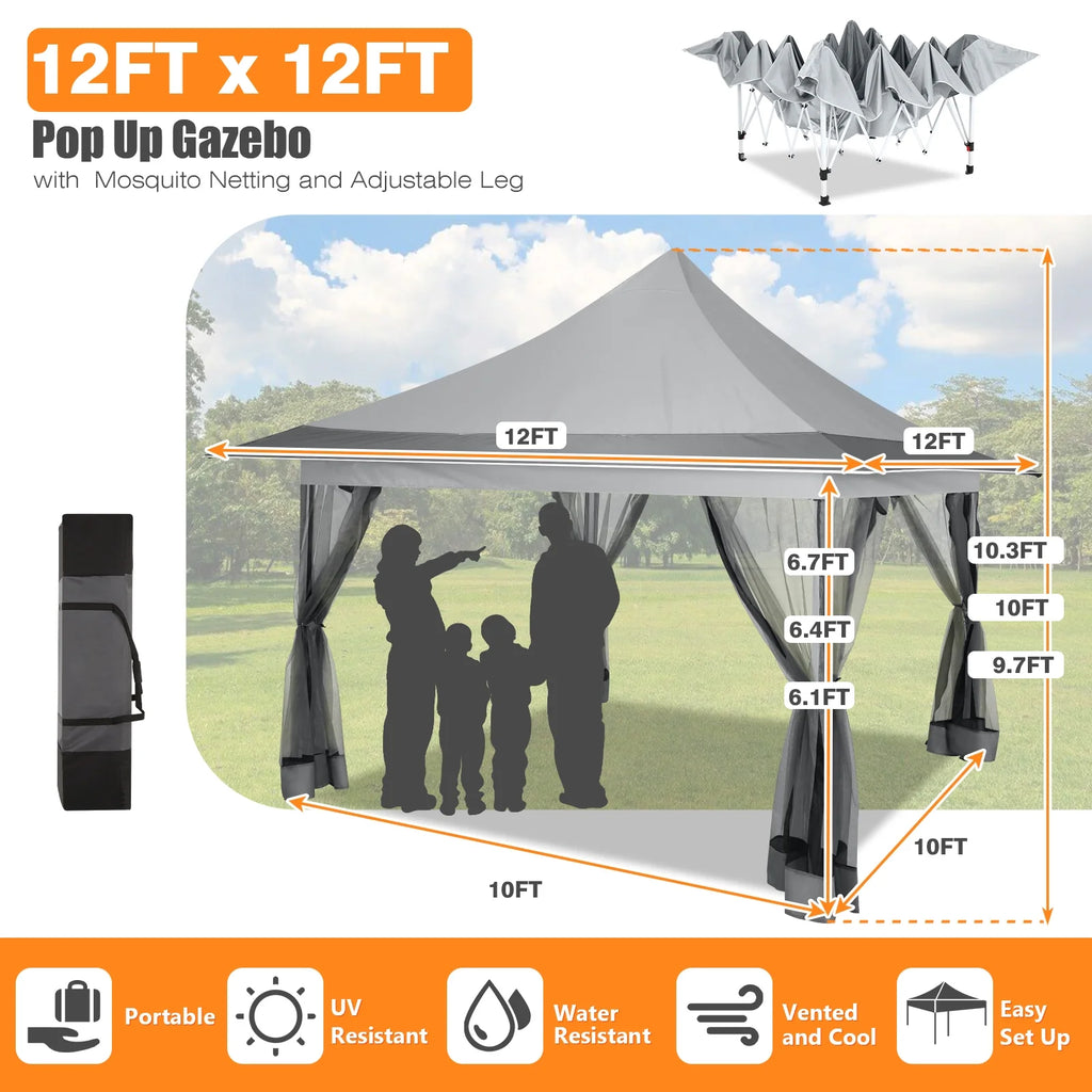 HOTEEL 12x12 EZ Pop Up Gazebo Tent with Sidewalls,Patio Gazebo Instant Shelter for Outdoor Party Camping Backyard Beach with Carry Bag,Stakes,Ropes,Gray