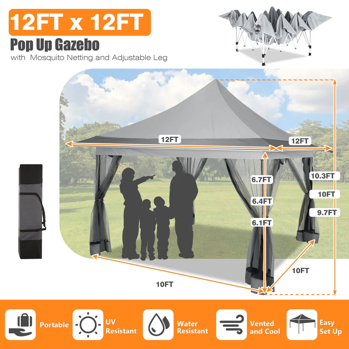 HOTEEL 12x12 EZ Pop Up Gazebo Tent with Sidewalls,Patio Gazebo Instant Shelter for Outdoor Party Camping Backyard Beach with Carry Bag,Stakes,Ropes,Gray