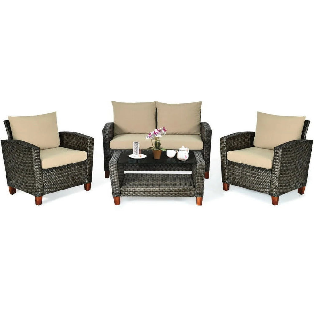 Resenkos 4 Pieces Patio Rattan Furniture Set, Outdoor Furniture Garden Conversation Bistro Sets with Coffee Table