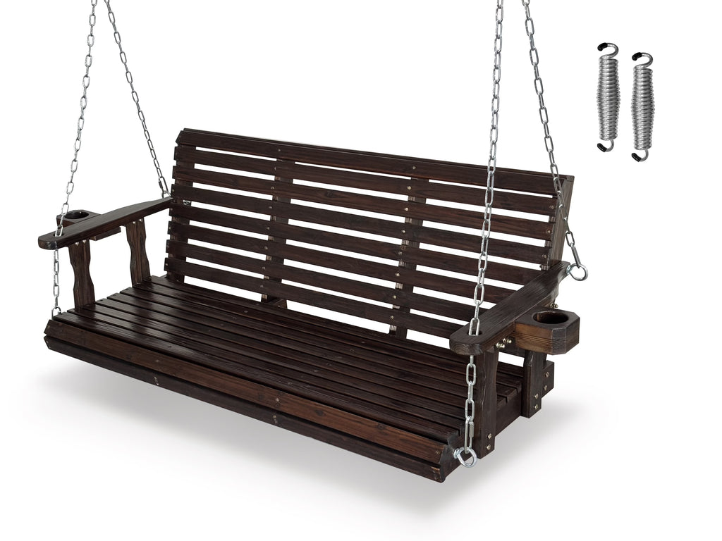 Fortune Candy 3 Person Outdoor Wood Hanging Swing, Heavy Duty 880 lbs Wood Porch Swing, Brown-5ft