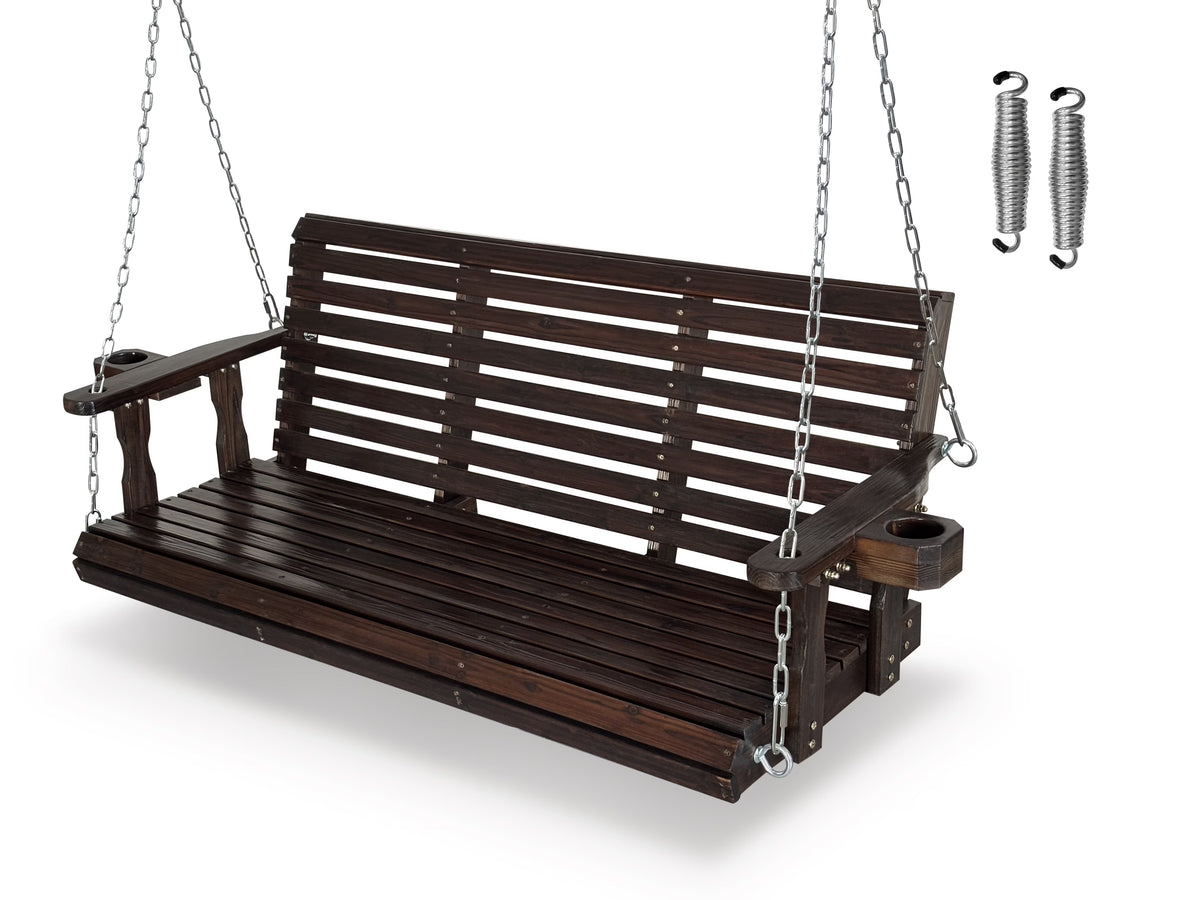 Fortune Candy 3 Person Outdoor Wood Hanging Swing, Heavy Duty 880 lbs Wood Porch Swing, Brown-5ft