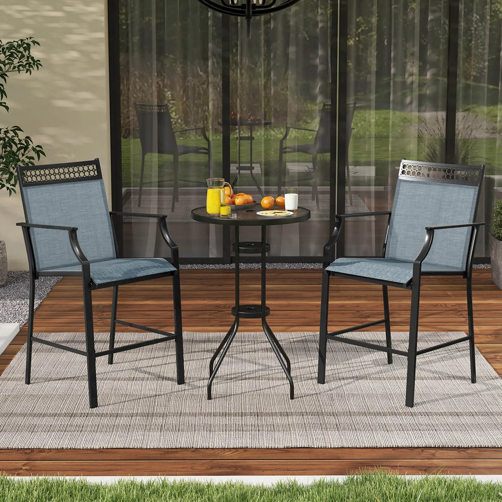 Costway Outdoor Counter Stools Set of 2 with Footrest & Armrests Metal Frame for Backyard Blue