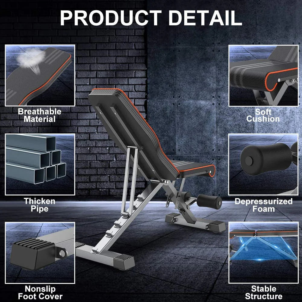 Yoleo 660 lbs Folding Sturdy Workout Bench  Weight Strength Training Benches  Thickness Pad with 7 Adjustable Incline