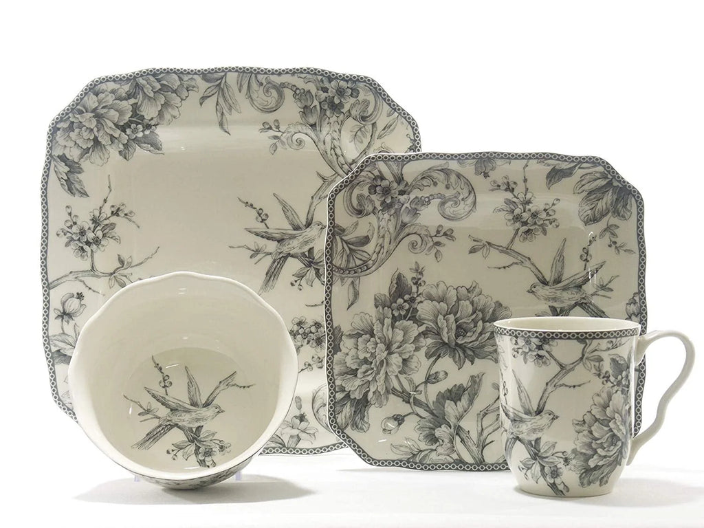 222 Fifth Adelaide Round 16-Piece Porcelain Dinnerware Set, Black Toile