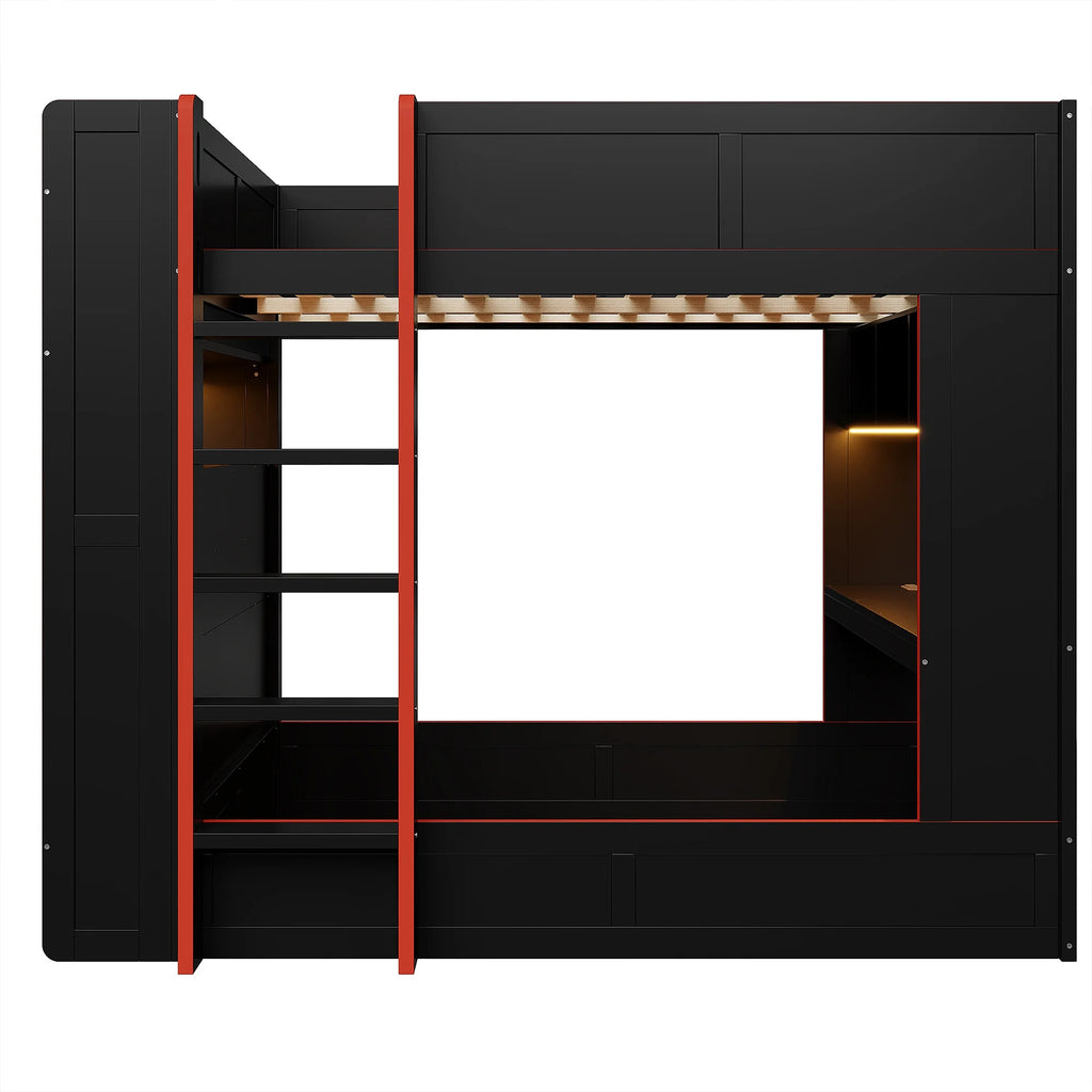 Euroco Wood Full Size Loft Bed with Desk and Shelves, Gaming Bunk Bed with LED Light and USB Charging, Black